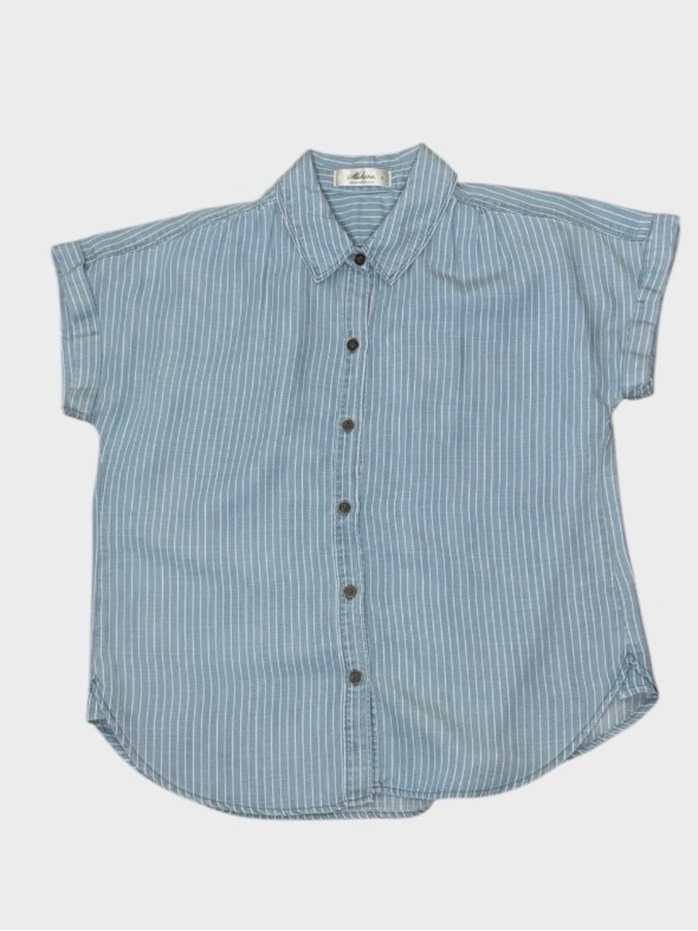 Mahina Women's Dusty Blue White Casual Pinstripe Button Down Shirt Tencel Size M